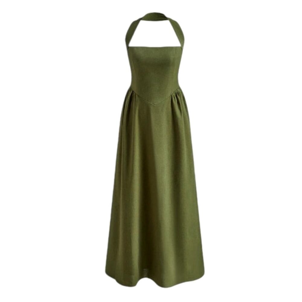 Commense Women's Medium Green Cotton Linen Halter A-Line Long Thick Dress